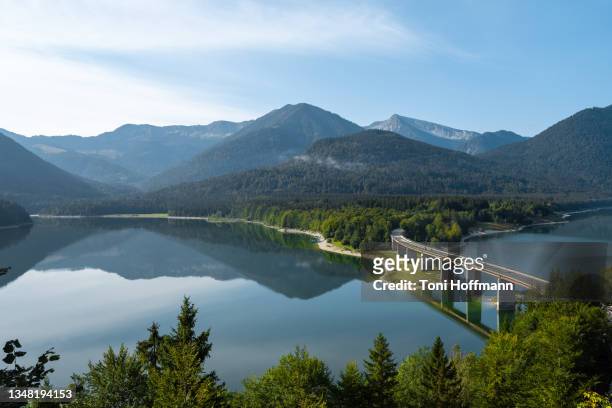 soft sunlight and reflections on a autumn morning at lake sylvensteinspeicher - alps stock-fotos und bilder