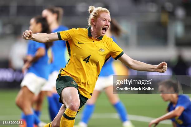 Clare Polkinghorne of the Matlidas celebrates scoring a goal during the Women's International Friendly match between the Australia Matildas and...
