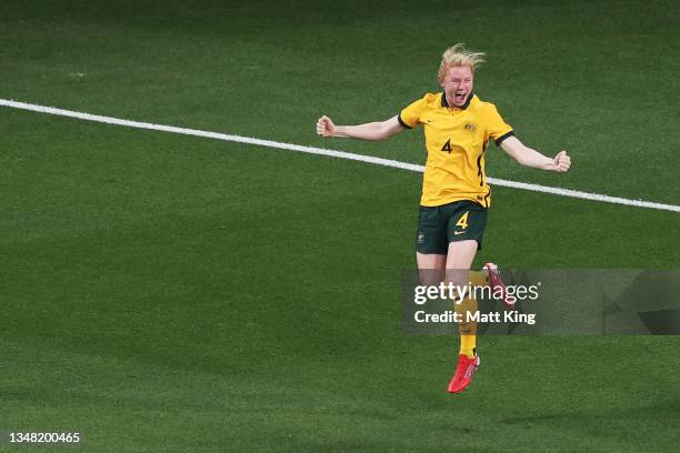 Clare Polkinghorne of the Matildas celebrates scoring a goal during the Women's International Friendly match between the Australia Matildas and...