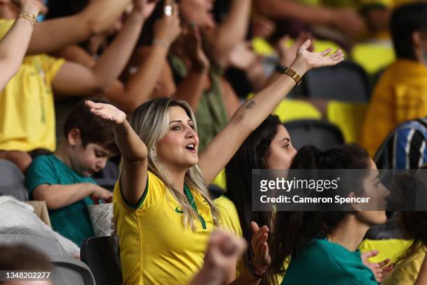 Brazilian fan enjoys the atmosphere during the Women's International Friendly match between the Australia Matildas and Brazil at CommBank Stadium on...