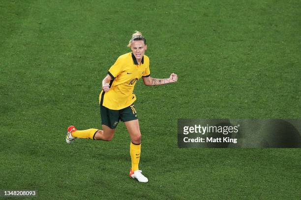 Emily van Egmond of the Matildas celebrates scoring a goal during the Women's International Friendly match between the Australia Matildas and Brazil...