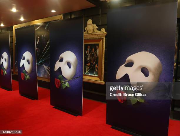 Signage at the re-opening night of "Phantom Of The Opera" on Broadway at The Majestic Theatre on October 22, 2021 in New York City.