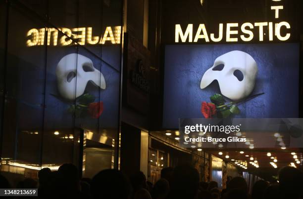 Signage at the re-opening night of "Phantom Of The Opera" on Broadway at The Majestic Theatre on October 22, 2021 in New York City.