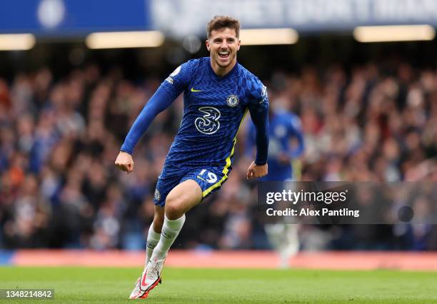 Mason Mount of Chelsea celebrates after scoring their side's first goal during the Premier League match between Chelsea and Norwich City at Stamford...