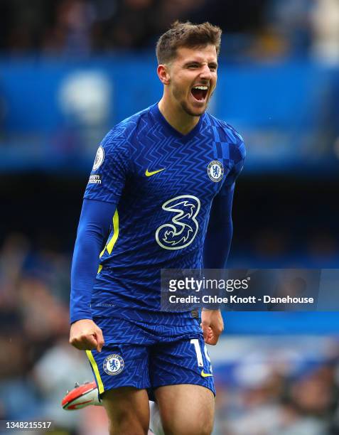 Mason Mount of Chelsea FC celebrates scoring his teams first goal during the Premier League match between Chelsea and Norwich City at Stamford Bridge...