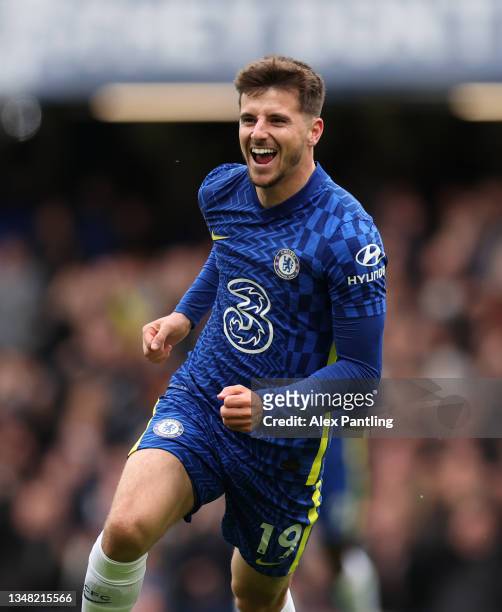 Mason Mount of Chelsea celebrates after scoring their side's first goal during the Premier League match between Chelsea and Norwich City at Stamford...