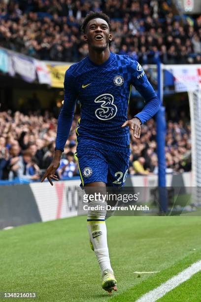 Callum Hudson-Odoi of Chelsea celebrates after scoring their side's second goal during the Premier League match between Chelsea and Norwich City at...