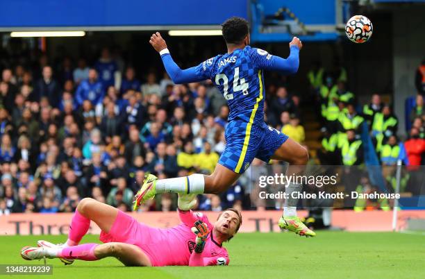 Reece James of Chelsea FC scores his teams third goal during the Premier League match between Chelsea and Norwich City at Stamford Bridge on October...