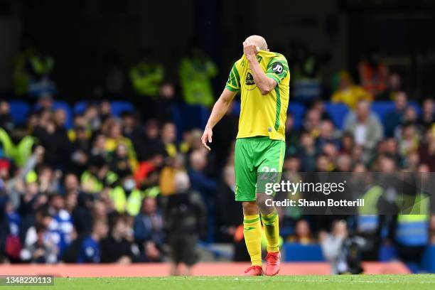 Teemu Pukki of Norwich City looks dejected after the Chelsea third goal scored by Reece James during the Premier League match between Chelsea and...