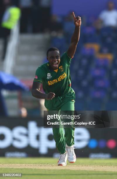 Kagiso Rabada of South Africa celebrates the wicket of David Warner of Australia during the ICC Men's T20 World Cup match between Australia and SA at...