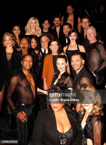 57th Governor of New York Kathy Hochul poses with the cast backstage at the hit musical "Chicago" on Broadway at The Ambassador Theater on October...