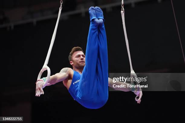 Marco Lodadio of Italy competes at the Men's Rings Final during the Apparatus Finals on day six of the 50th FIG Artistic Gymnastics Championships at...