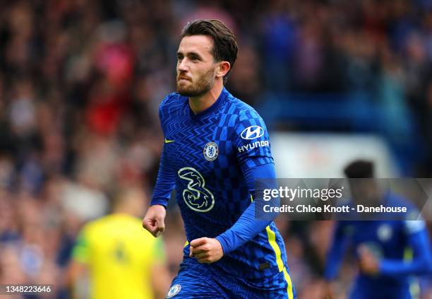 Ben Chigwell of Chelsea FC celebrates scoring his teams fourth goal during the Premier League match between Chelsea and Norwich City at Stamford...