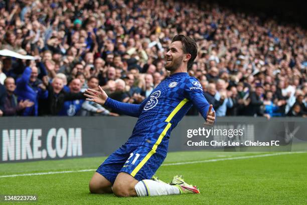 Ben Chilwell of Chelsea celebrates after scoring their side's fourth goal during the Premier League match between Chelsea and Norwich City at...