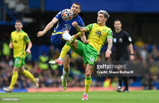 Mateo Kovacic of Chelsea competes for the ball with Mathias Normann of Norwich City during the Premier League match between Chelsea and Norwich City...
