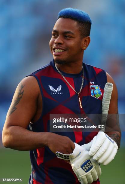 Shimron Hetmyer of West Indies looks on ahead of the ICC Men's T20 World Cup match between England and Windies at Dubai International Stadium on...