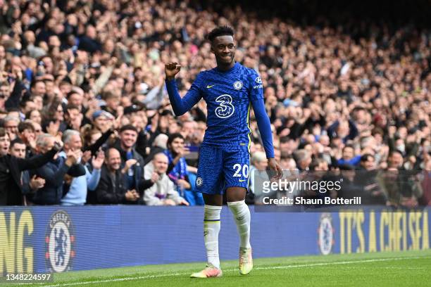 Callum Hudson-Odoi of Chelsea celebrates after their side's fifth goal, an own goal scored by Max Aarons during the Premier League match between...