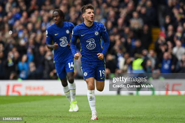 Mason Mount of Chelsea celebrates after scoring their side's sixth goal from the penalty spot during the Premier League match between Chelsea and...
