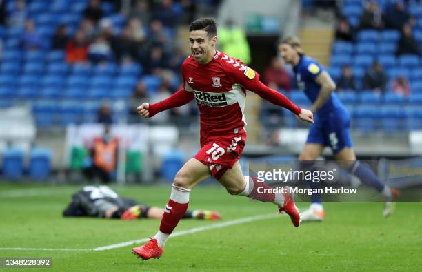 Martin Payero of Middlesbrough celebrates after scoring their team's second goal during the Sky Bet Championship match between Cardiff City and...
