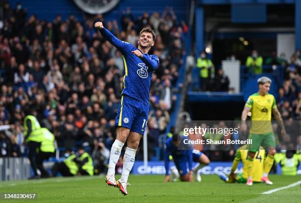 Mason Mount of Chelsea celebrates after scoring their side's seventh goal and his hat-trick during the Premier League match between Chelsea and...