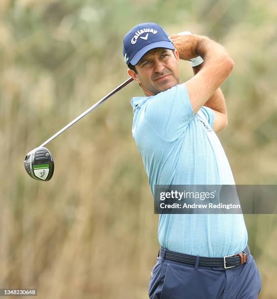 Jorge Campillo of Spain tees off on the fifth hole during Day Three of Mallorca Golf Open at Golf Santa Ponsa on October 23, 2021 in Mallorca, Spain.