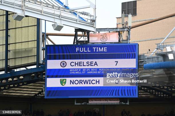 General view of the scoreboard showing the match result following the Premier League match between Chelsea and Norwich City at Stamford Bridge on...