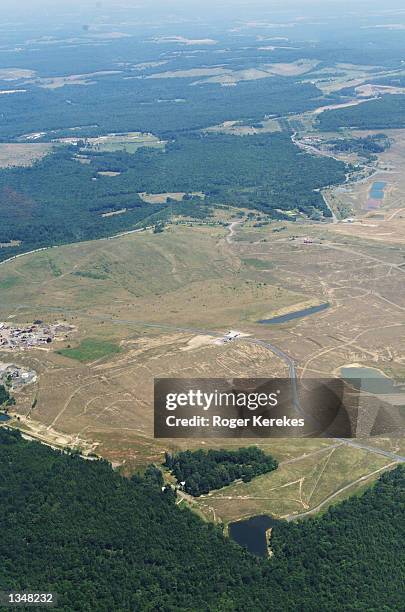 Aerial view of the United Flight 93 crash site and temporary memorial is seen July 26, 2002 near Shanksville, Pennsylvania. The September 11 hijacked...