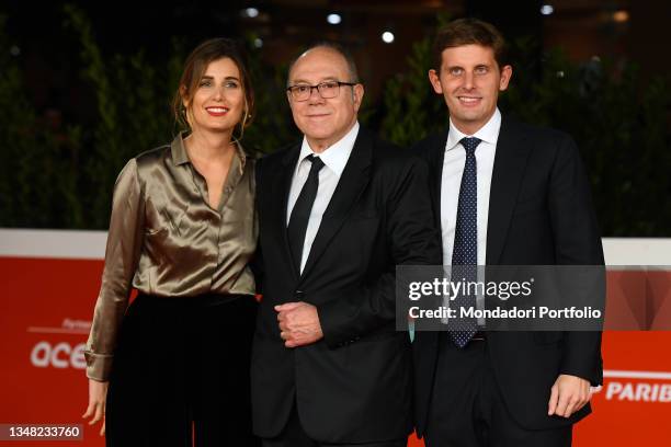 Italian director Carlo Verdone with his sons Giulia Verdone and Paolo Verdone at Rome Film Fest 2021. Vita da Carlo red carpet. Rome , October 22th,...