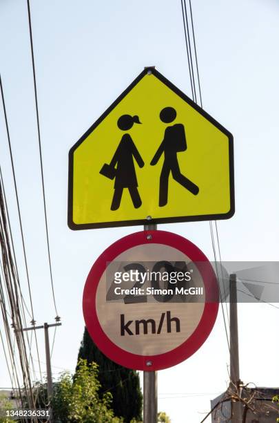 traffic sign warning of a 20 kilometre per hour maximum speed limit near a school crossing - speed limit sign stock pictures, royalty-free photos & images