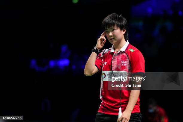 He Bingjiao of China reacts in the Women's Singles semi finals match against Akane Yamaguchi of Japan on day five of the Denmark Open at Odense...