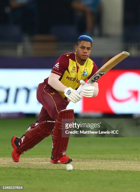 Shimron Hetmyer of West Indies plays a shot during the ICC Men's T20 World Cup match between England and Windies at Dubai International Stadium on...