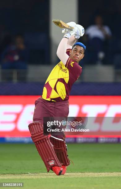 Shimron Hetmyer of West Indies plays a shot during the ICC Men's T20 World Cup match between England and Windies at Dubai International Stadium on...