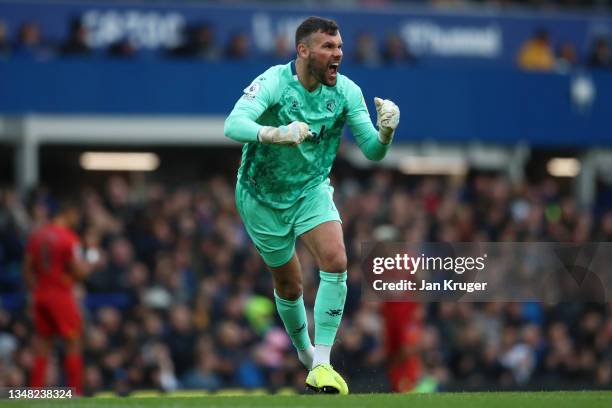 Ben Foster of Watford FC celebrates after their side's first goal scored by Joshua King during the Premier League match between Everton and Watford...