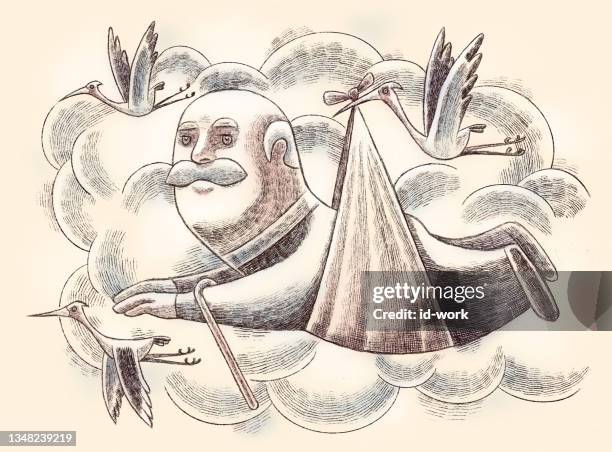 stockillustraties, clipart, cartoons en iconen met stork delivering senior man - 80 89 jaar