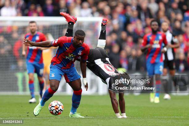 Marc Guehi of Crystal Palace evades the challenge of Allan Saint-Maximin of Newcastle United during the Premier League match between Crystal Palace...