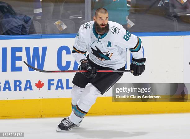 Brent Burns of the San Jose Sharks skates during warm-up prior to playing against the Toronto Maple Leafs in an NHL game at Scotiabank Arena on...