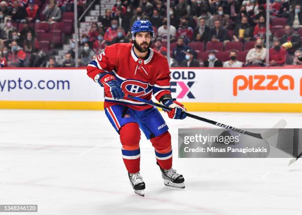 Mathieu Perreault of the Montreal Canadiens skates against the Carolina Hurricanes during the first period at Centre Bell on October 21, 2021 in...