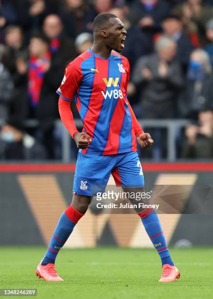 Christian Benteke of Crystal Palace celebrates after scoring their side's first goal during the Premier League match between Crystal Palace and...