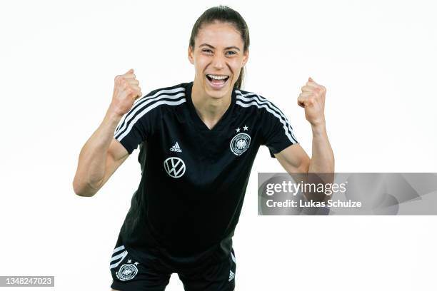 Goalkeeper Julia Kassen celebrates during the U20 Women's Germany team presentation on October 23, 2021 in Krefeld, Germany.