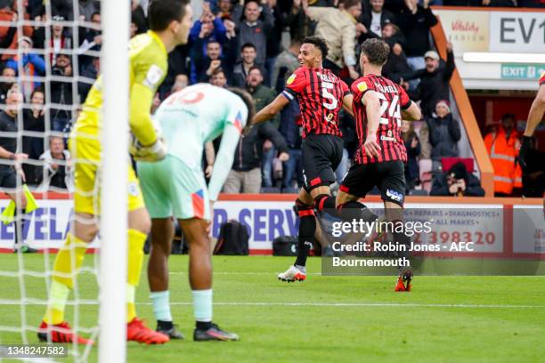 Lloyd Kelly of Bournemouth turns to celebrate after he scores a goal to make it 3-0 during the Sky Bet Championship match between AFC Bournemouth and...