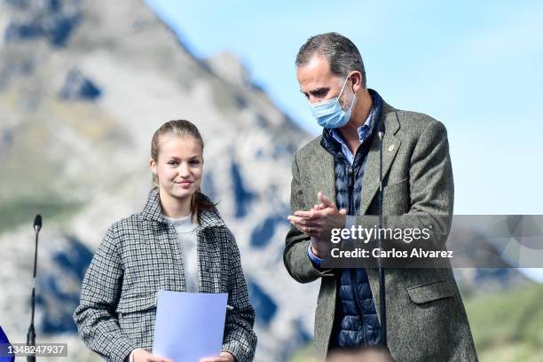 Princess Leonor and King Felipe of Spain during their visit to Santa Maria del Puerto de Somiedo, which has been honoured as the 2021 Best Asturian...