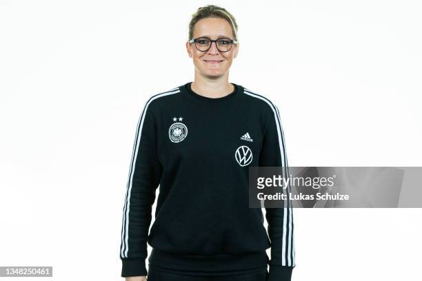Match analyst Saskia Bartusiak poses during the U20 Women's Germany team presentation on October 23, 2021 in Krefeld, Germany.