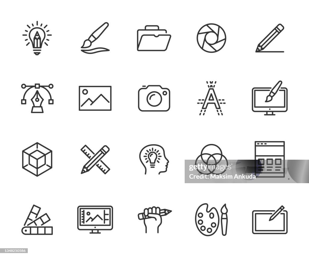 Vector set of graphic design line icons. Contains icons creative idea, drawing, 3D modeling, web design, portfolio, photography and more. Pixel perfect.