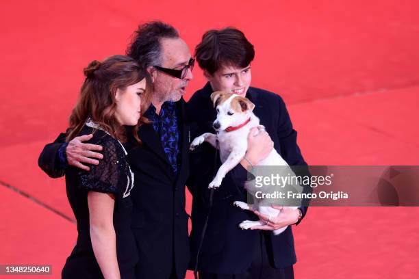 Nell Burton, Tim Burton and Billy-Ray Burton attend the Tim Burton Close Encounter red carpet during the 16th Rome Film Fest 2021 on October 23, 2021...