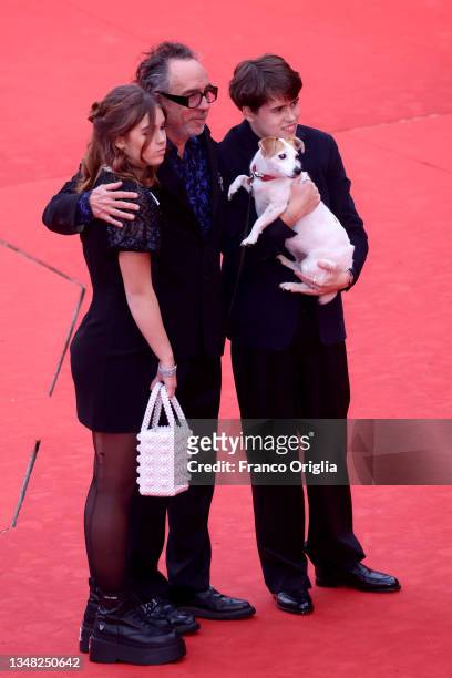 Nell Burton, Tim Burton and Billy-Ray Burton attend the Tim Burton Close Encounter red carpet during the 16th Rome Film Fest 2021 on October 23, 2021...