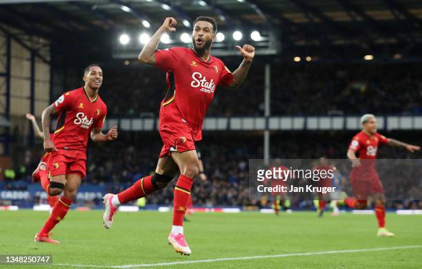 Joshua King of Watford FC celebrates after scoring their side's fourth goal during the Premier League match between Everton and Watford at Goodison...