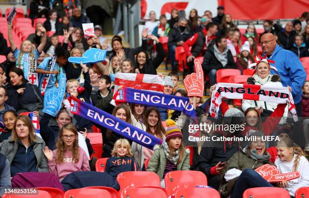England fans show their support prior to the FIFA Women's World Cup 2023 Qualifier group D match between England and Northern Ireland at Wembley...