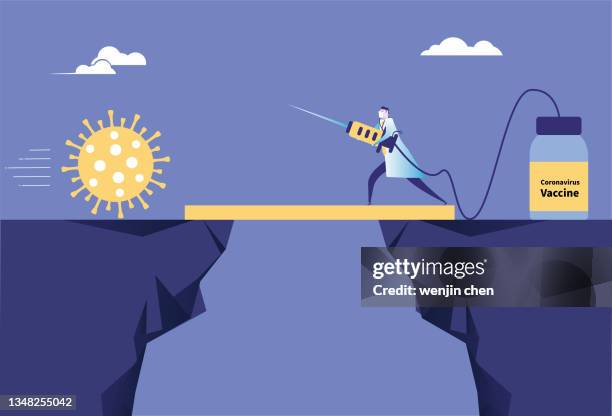 the doctor stopped the virus with a syringe on the cliff - doctor leaping stock illustrations