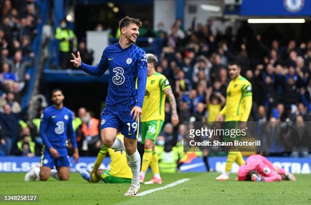 Mason Mount of Chelsea celebrates after scoring his hat trick during the Premier League match between Chelsea and Norwich City at Stamford Bridge on...