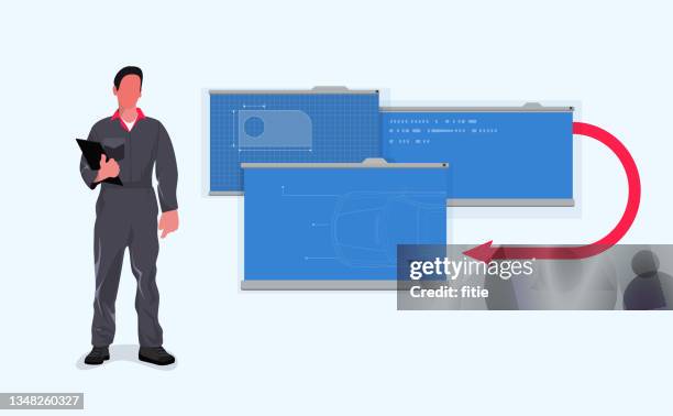 ilustraciones, imágenes clip art, dibujos animados e iconos de stock de ilustración vectorial de ingeniero de mantenimiento con tableros de esquema de modificación de vehículos - mechanical drawing car